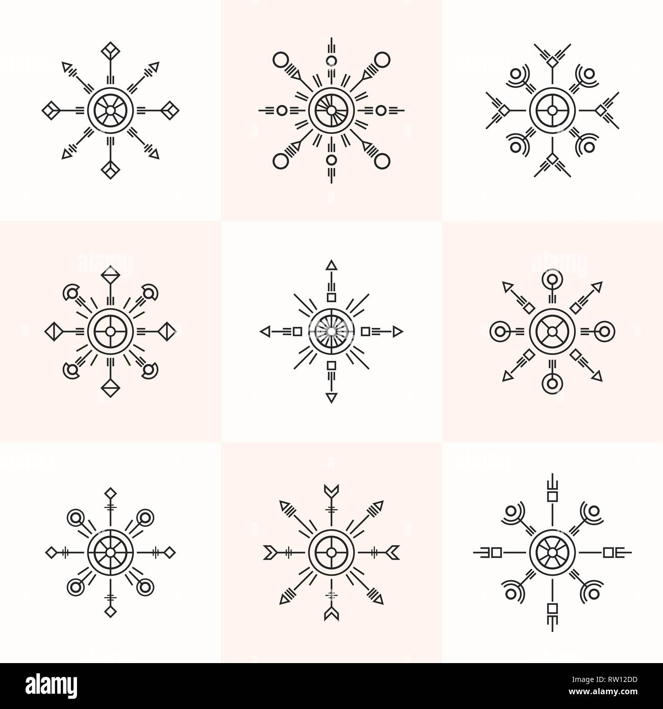 Abstrakte Geometrie Symbole gesetzt. Religion mystische Zeichen. Die heilige Geometrie. Lineare Alchemie, okkulten, philosophischen symmetrische Zeichen. Für Musik Album Cover, p Stock Vektor