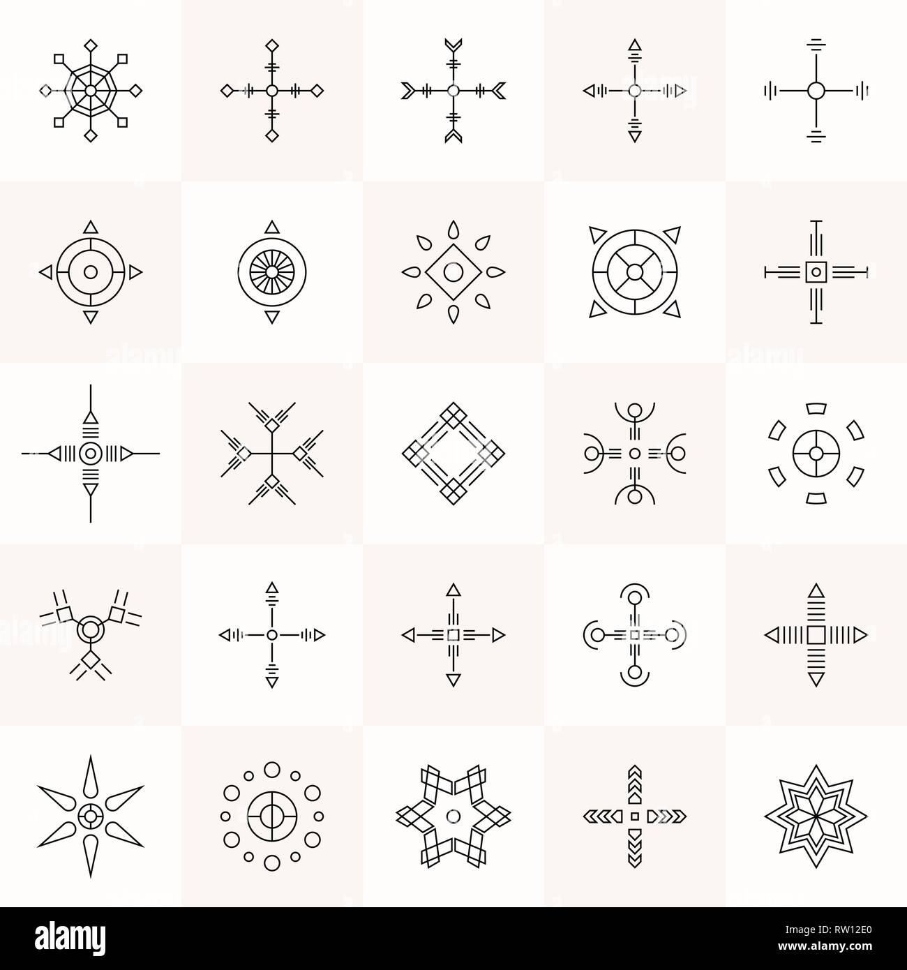 Abstrakte Geometrie Symbole gesetzt. Religion mystische Zeichen. Die heilige Geometrie. Lineare Alchemie, okkulten, philosophischen symmetrische Zeichen. Für Musik Album Cover, p Stock Vektor