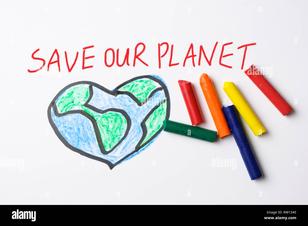 Rettet unseren Planeten zeichnen mit Farbe Kreide Stockfoto