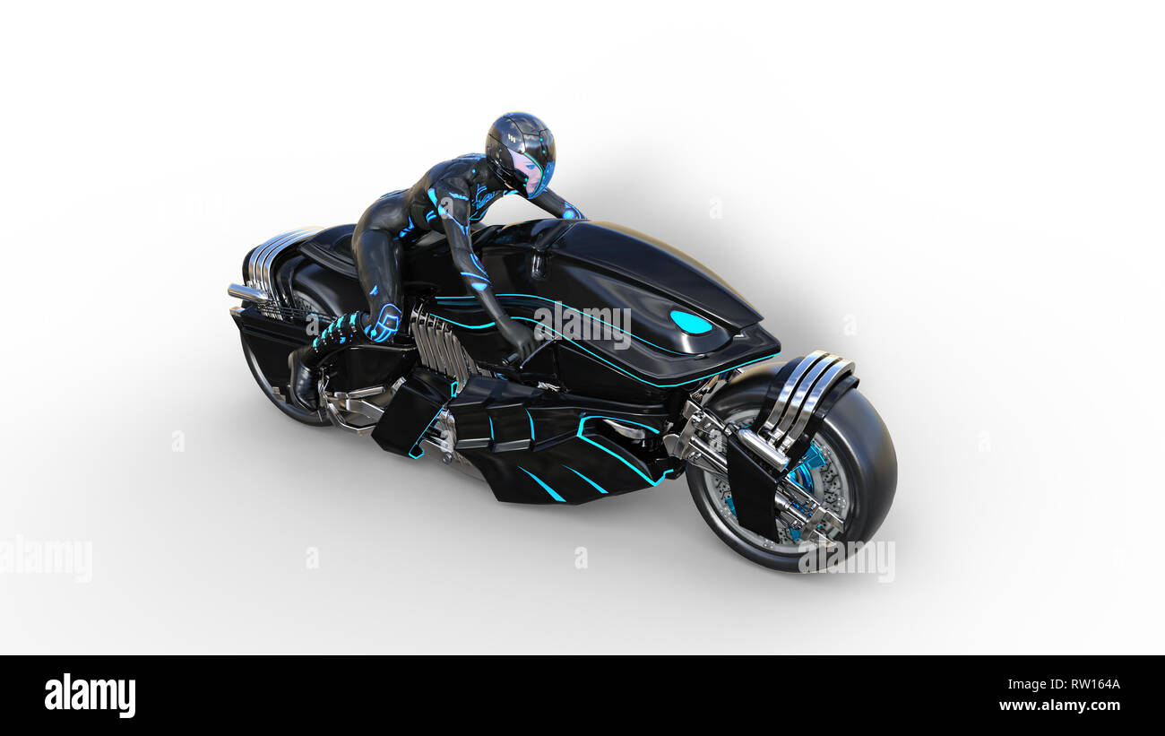 Biker Mädchen mit Helm reiten ein sci-fi-bike, schwarz futuristisches Motorrad auf weißem Hintergrund, Ansicht von oben, 3D-Rendering Stockfoto