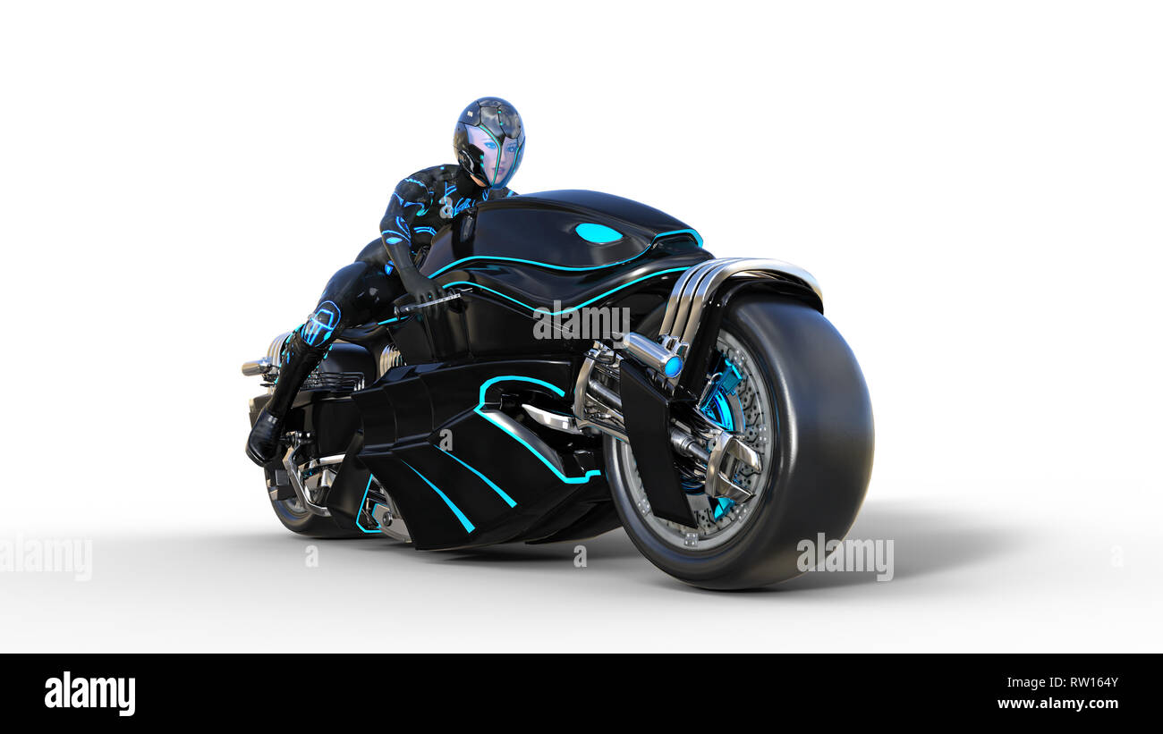 Biker Mädchen mit Helm reiten ein sci-fi-bike, schwarz futuristisches Motorrad auf weißem Hintergrund, 3D-Rendering Stockfoto