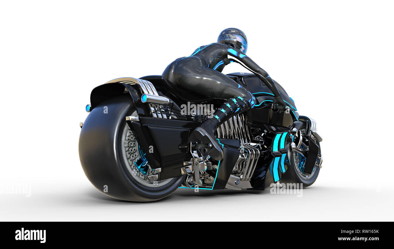 Biker Mädchen mit Helm reiten ein sci-fi-bike, schwarz futuristisches Motorrad auf weißem Hintergrund, Rückansicht, 3D-Rendering Stockfoto