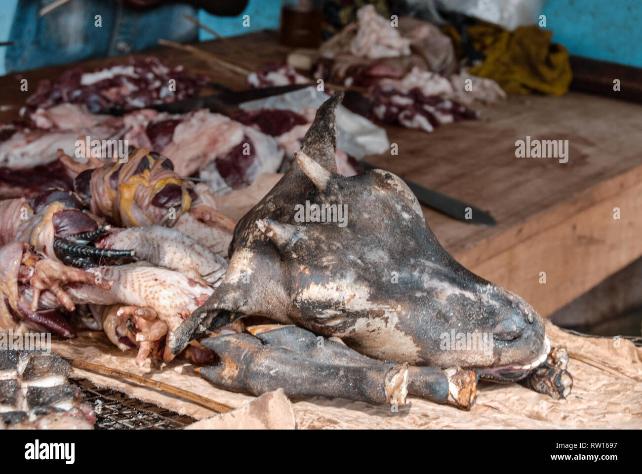 Ein Foto des frischen Fleisches stand auf einer lokalen Bauernmarkt in Elmina, Ghana. Ziege Kopf ist für den Verkauf an den Verkäufer. Stockfoto