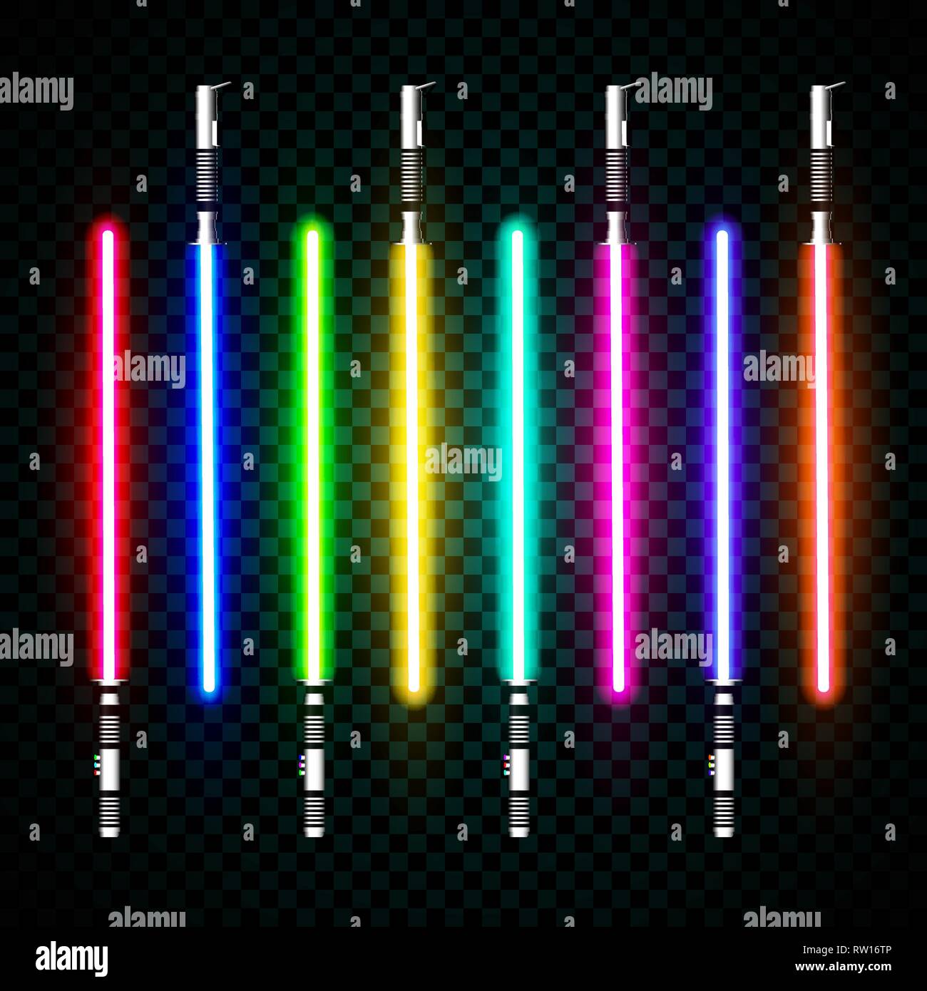 Neonlicht Schwerter. gekreuzt Licht Säbel, Flash und funkelt. Vector Illustration isoliert auf transparenten Hintergrund. Stock Vektor