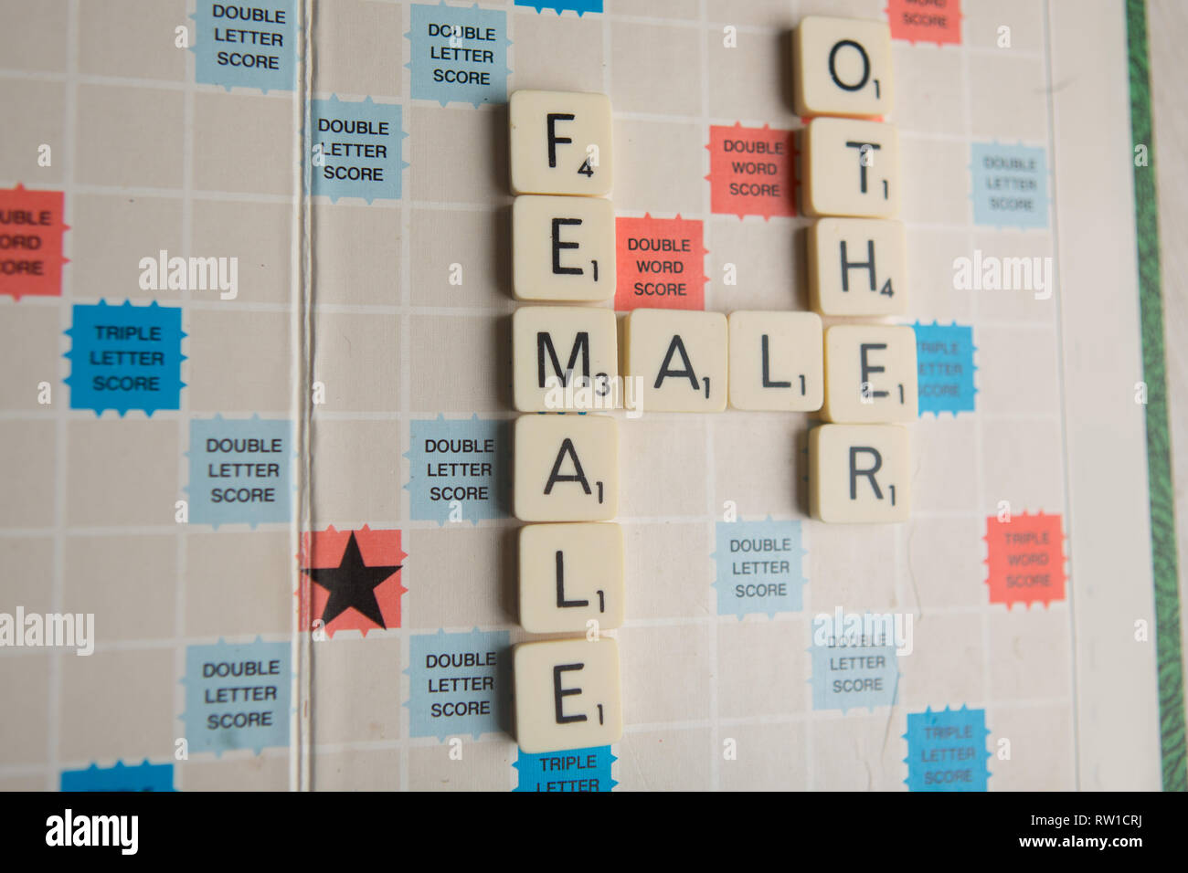 Fliesen buchstabieren, die Worte 'männliche' 'weiblichen' und 'Andere' Stockfoto