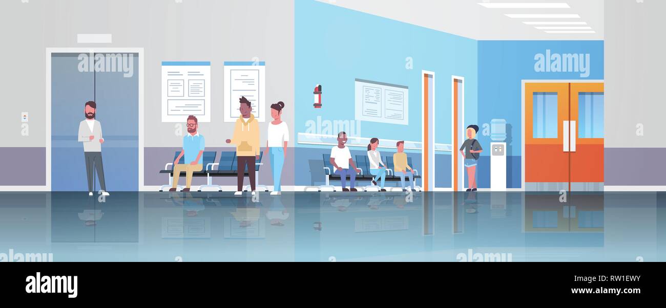 Mix rennen Patienten Warten in Warteschlange Kabinett Beratung und Diagnose healthcare Konzept medizinische Klinik Flur Innenraum zu Arzt horizontal Stock Vektor