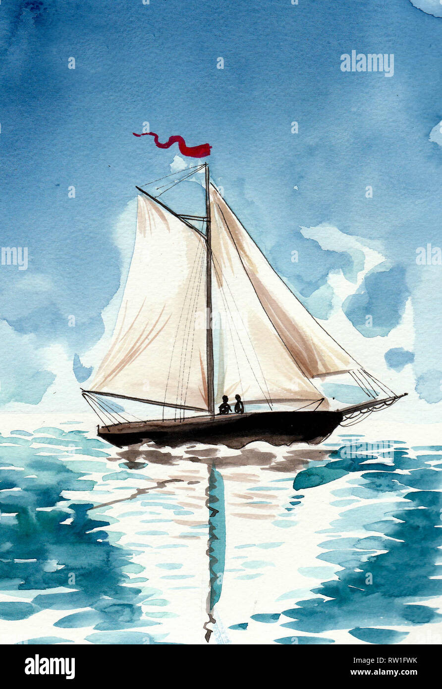 Segelboot in das Meer. Aquarell Malerei Stockfoto