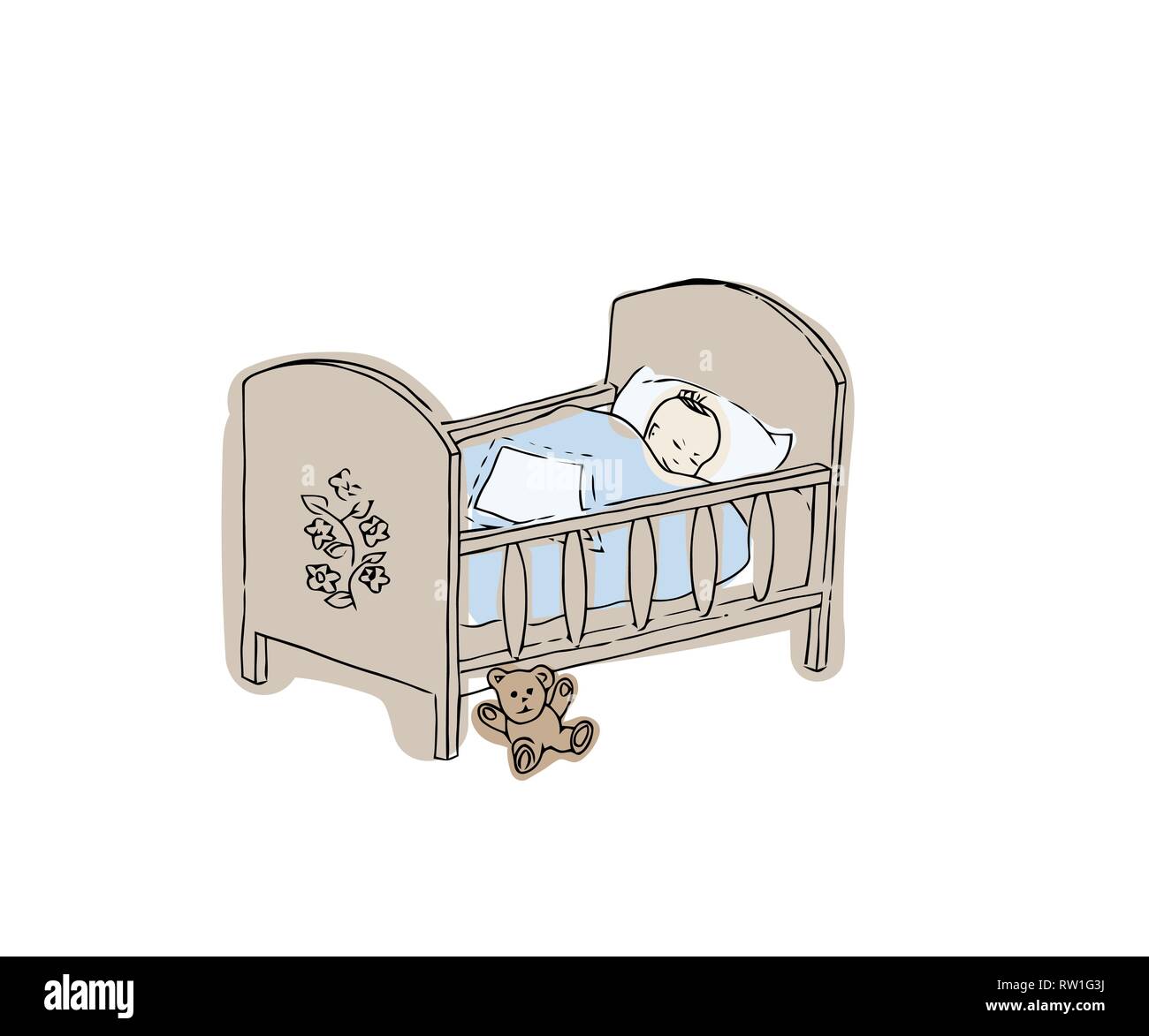 Kinderbett. Neugeborene Vector Illustration. Skizze des Kinderbett für Kleinkinder Junge. Stock Vektor
