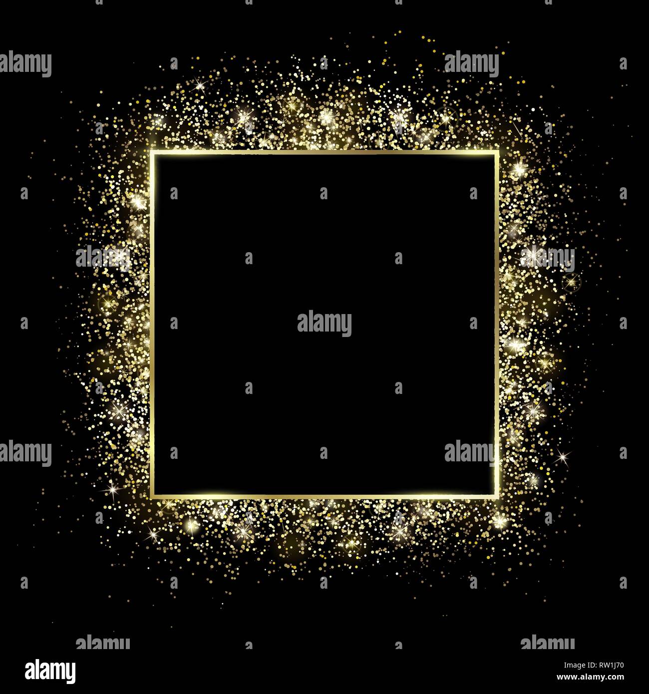 Golden Square Rahmen und Glitter. Glühende Partikel Stock Vektor