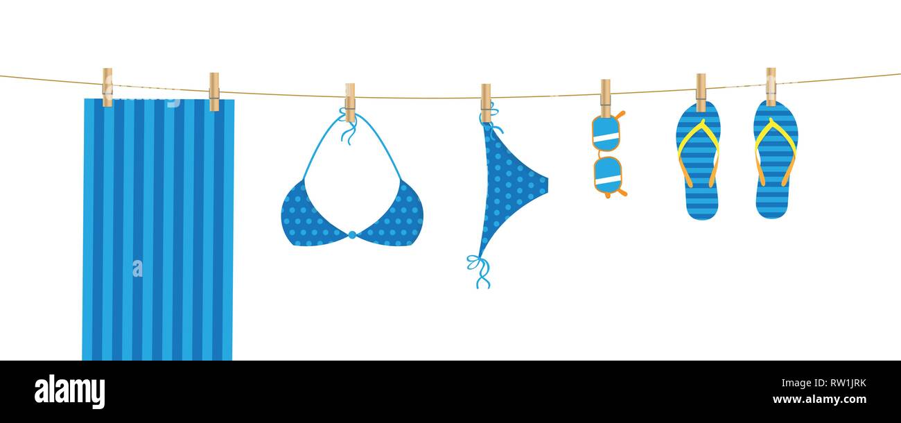 Blue Beach Reihen hängen über einer Bettwäsche Handtuch bikini Sonnenbrille und Flip Flops Vektor-illustration EPS 10. Stock Vektor