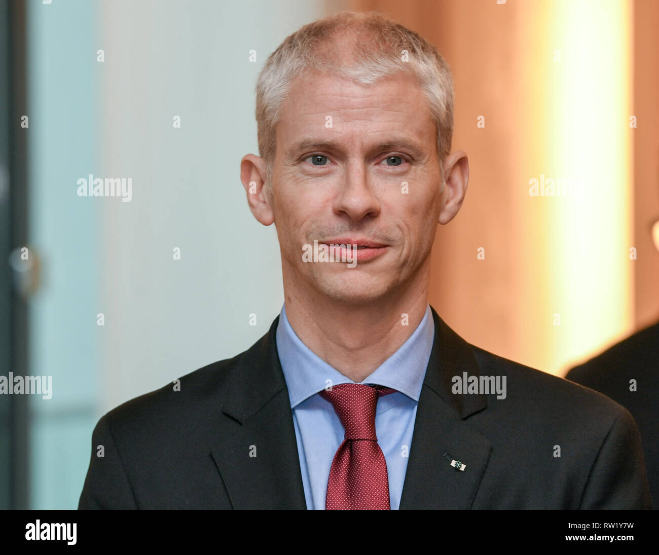 Berlin, Deutschland. 01 Mär, 2019. Franck Riester, französischer Minister für Kultur, wird auf einer Pressekonferenz in der Französischen Botschaft. Foto: Jens Kalaene/dpa-Zentralbild/dpa/Alamy leben Nachrichten Stockfoto