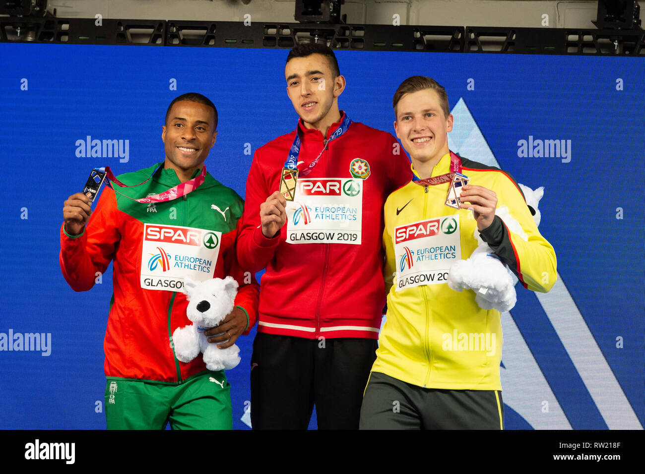 Glasgow, Schottland, Großbritannien. 3. März 2019. Am Sieg Ceremory während der Europäischen Leichtathletik Indoor Championships Glasgow 2019 im Emirates Arena am Sonntag, den 03. März 2019. GLASGOW SCHOTTLAND. (Nur redaktionelle Nutzung, eine Lizenz für die gewerbliche Nutzung erforderlich. Keine Verwendung in Wetten, Spiele oder einer einzelnen Verein/Liga/player Publikationen.) Credit: Taka G Wu/Alamy Nachrichten Stockfoto