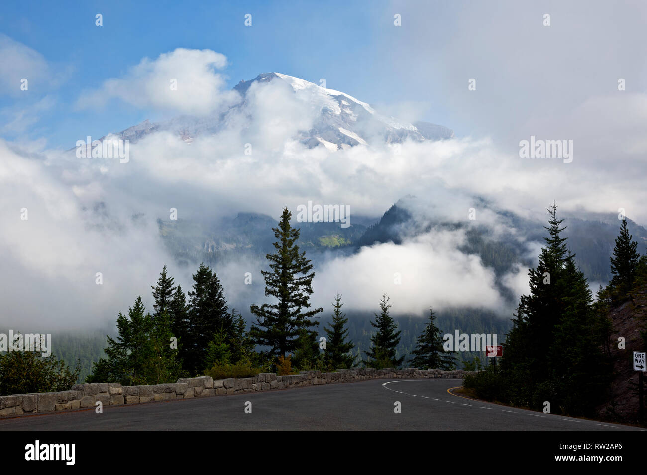 WA 15850-00 ... WASHINGTON - Nebel rollen und teilweise verdecken den Blick auf den Mount Rainier von Ricksecker Punkt in Mount Rainier National Park. Stockfoto