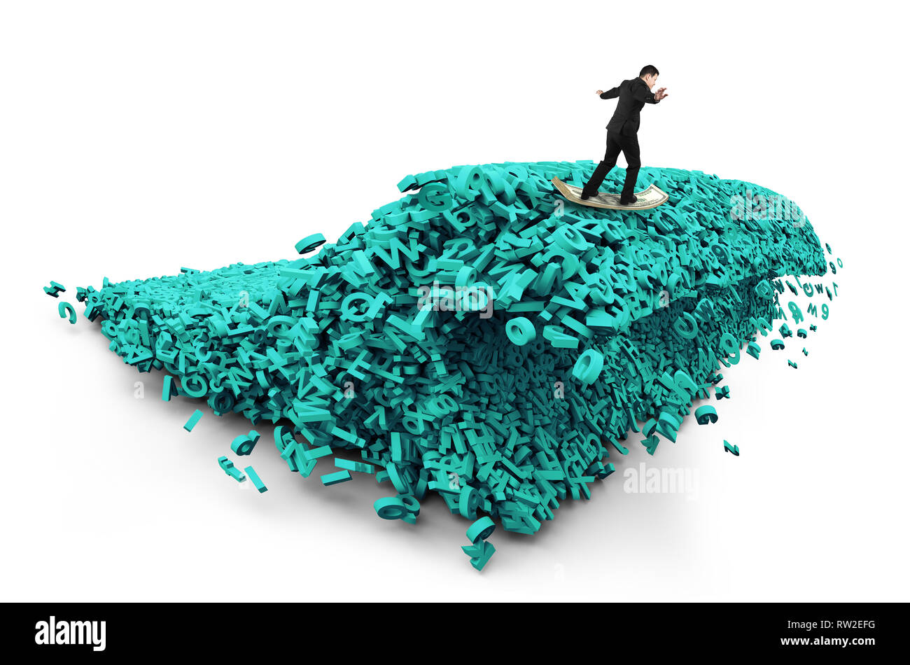 Big Data driving Konzept. Surfen business Mann, Dollar bill Surfbrett auf einem tsunami Welle von Computerdaten, riesige Menge von Zahlen und Buchstaben, ist Stockfoto