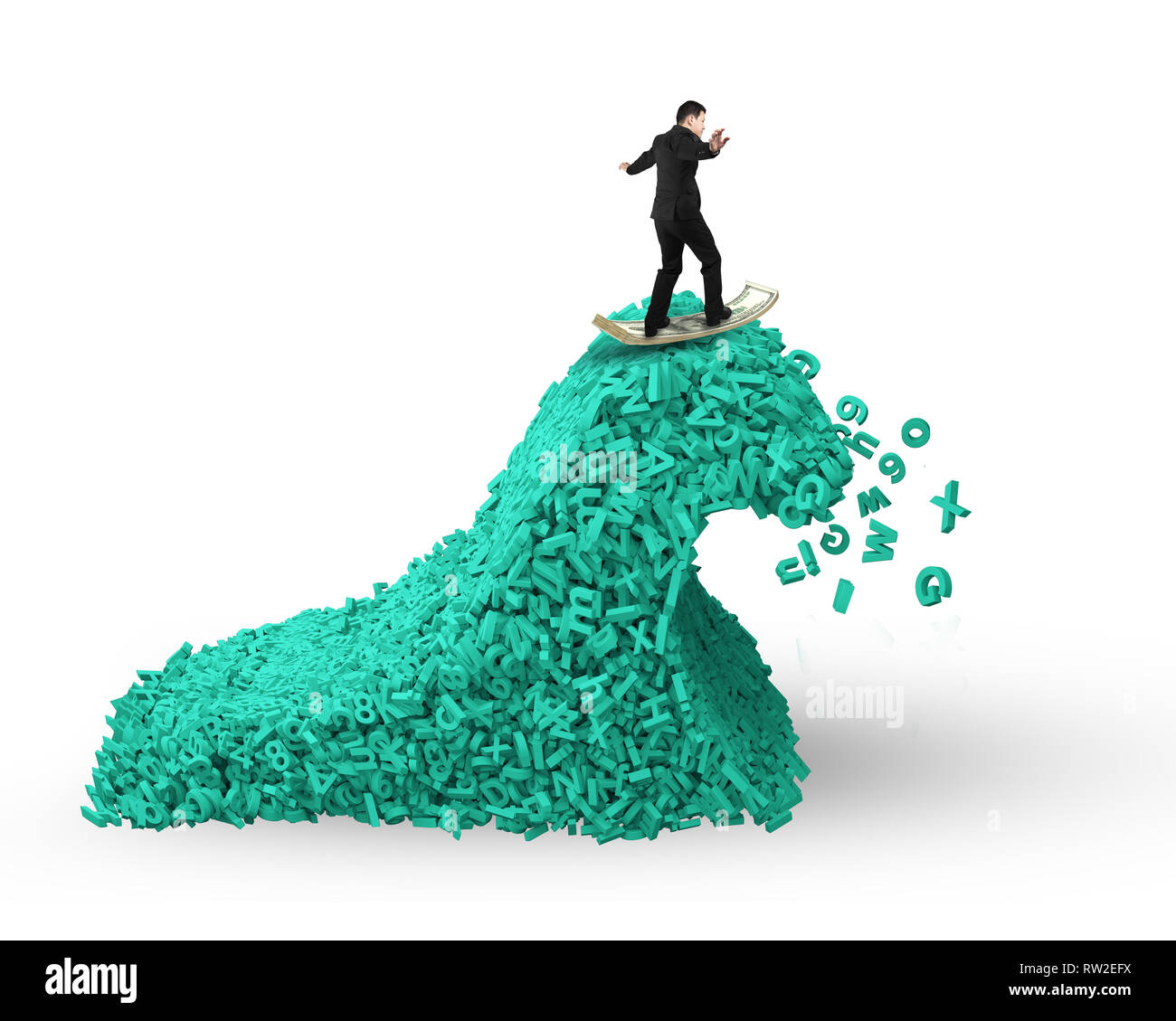 Big Data driving Konzept. Surfen business Mann, Dollar bill Surfbrett auf einem tsunami Welle von Computerdaten, riesige Menge von Zahlen und Buchstaben, si Stockfoto