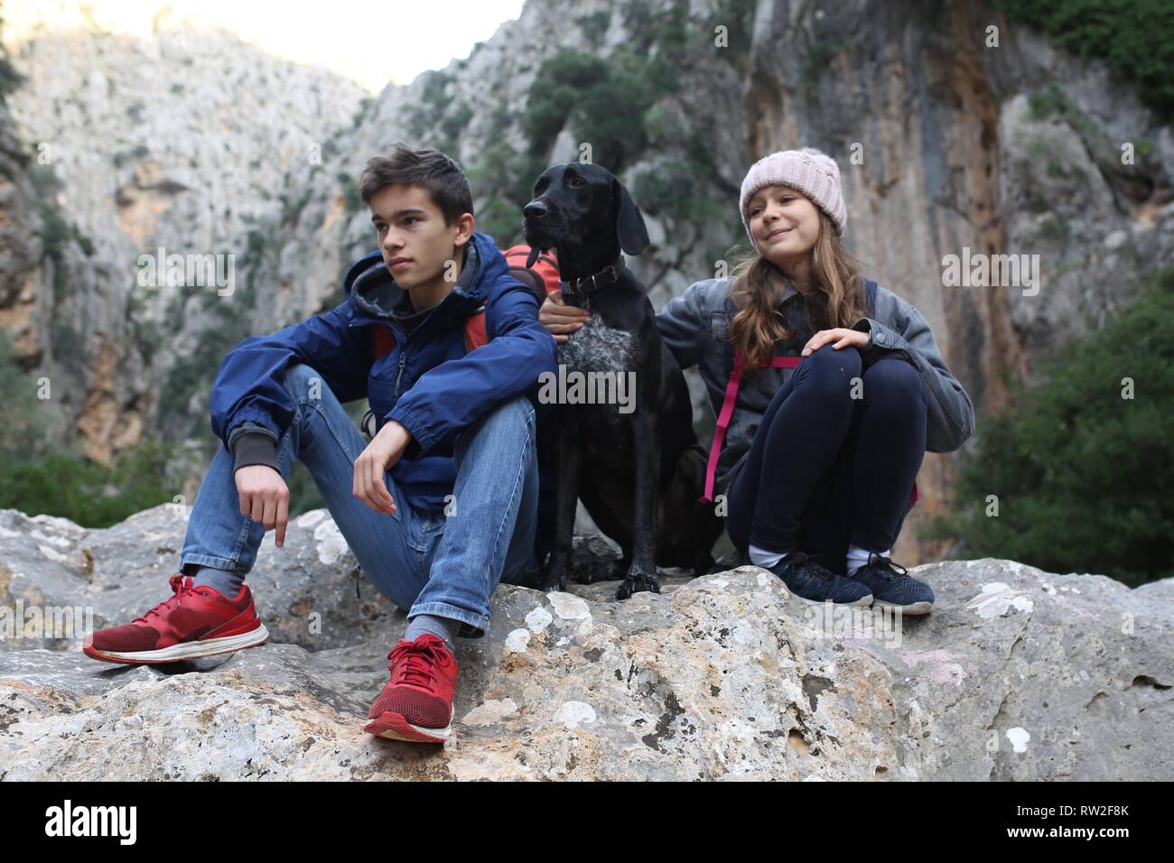 Kinder Wandern mit Hund in der Berglandschaft, Abenteuer im Freien Stockfoto