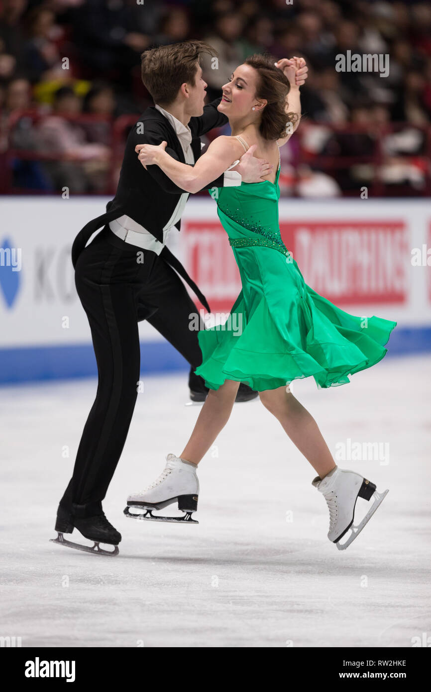 Carolane Soucisse und Shane Firus aus Kanada während der Welt 2018 Eiskunstlauf-WM in Mailand, Italien Stockfoto