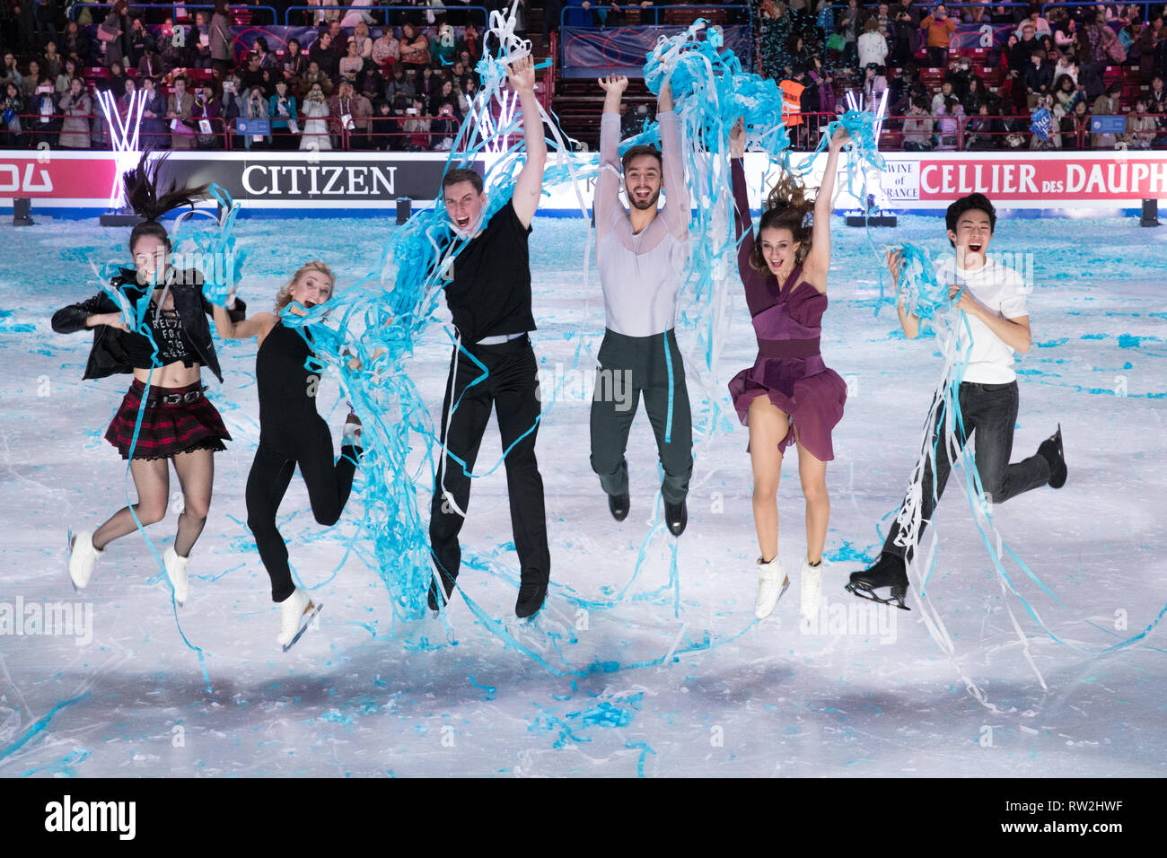 Kaetlyn Osmond, Aljona Savchenko, Bruno Massot, Guillaume Cizeron, Gabriella Papadakis, Nathan Chen während der Welt 2018 Eiskunstlauf-WM Stockfoto