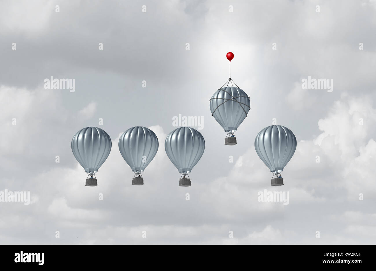 Business Wettbewerbsvorteil Erfolg und Corporate edge Konzept, wie eine Gruppe von Heißluftballons Racing an die Spitze, aber eine einzelne Führer. Stockfoto
