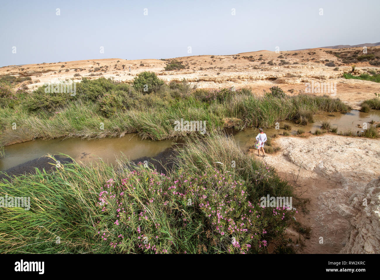 Frau steht allein bei der Bank der Wasserstraße mit dem weiten karge Landschaft von Tighmert Oase, Marokko Stockfoto