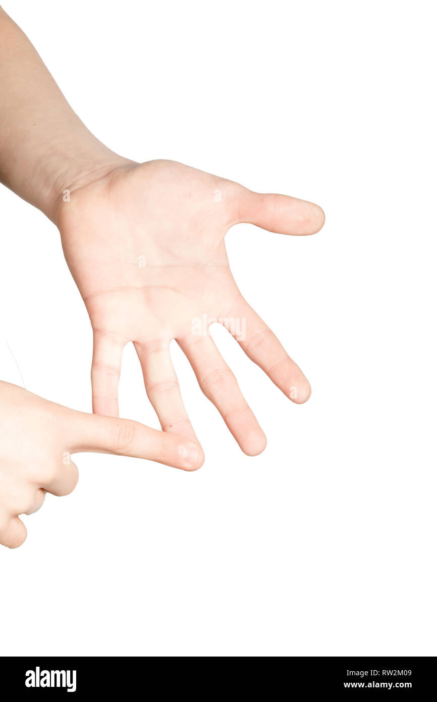 Kaukasische Hand tun Britische Zeichensprache zeigen das Symbol für O Stockfoto