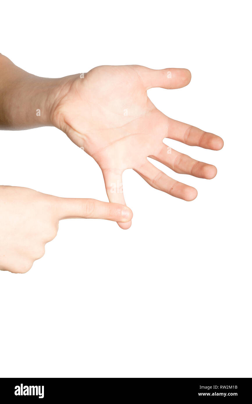 Kaukasische Hand tun Britische Zeichensprache zeigen das Symbol für U Stockfoto