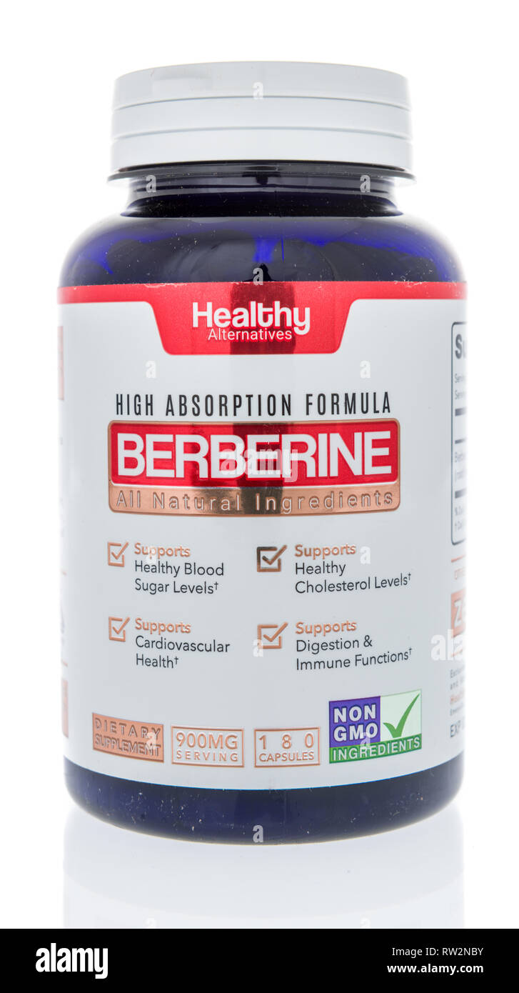 Winneconne, WI - 21. Februar 2019: eine Flasche gesunde Alternativen hohe Absorption Formel berberin Ergänzung in einem isolierten Hintergrund Stockfoto
