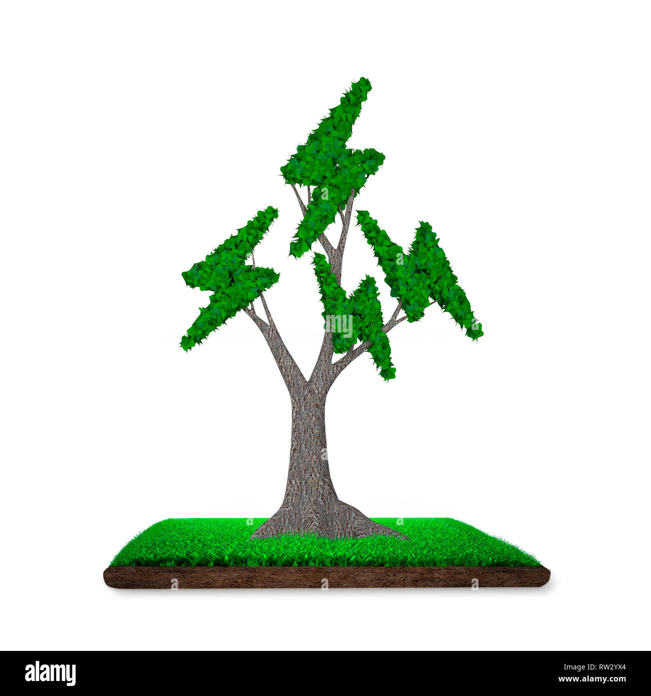 Konzept für die Lieferung oder die Entwicklung von Green Energy Generation, Baum mit grünen Blättern in Blitz Form auf Wiese mit Schlamm, isoliert auf Weiss, 3D Stockfoto