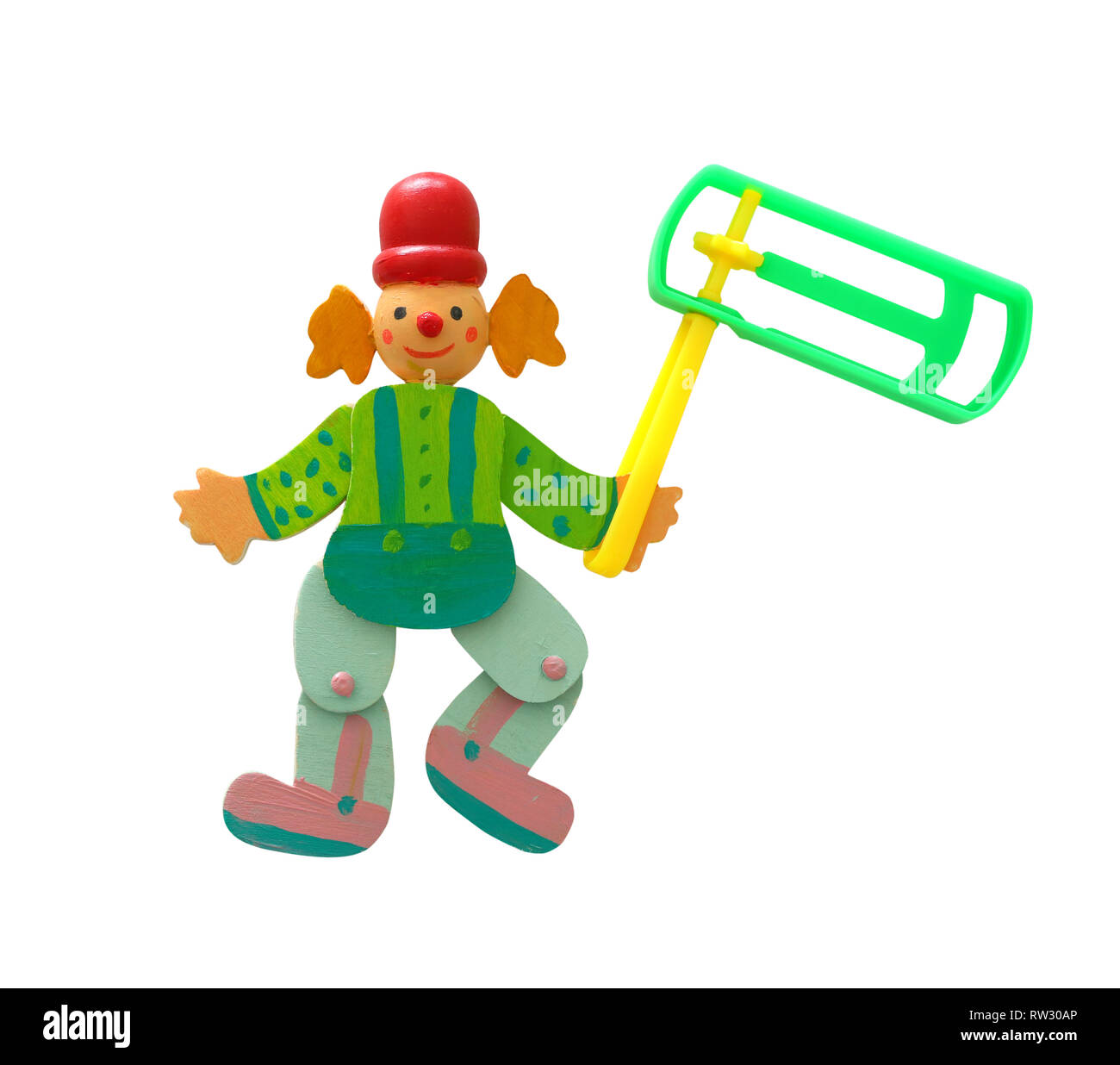 Bunte Clown aus Holz und Kunststoff krachmacher oder gragger für purim Feiern Feiertag (jüdische Feiertag) isoliert auf weißem Stockfoto