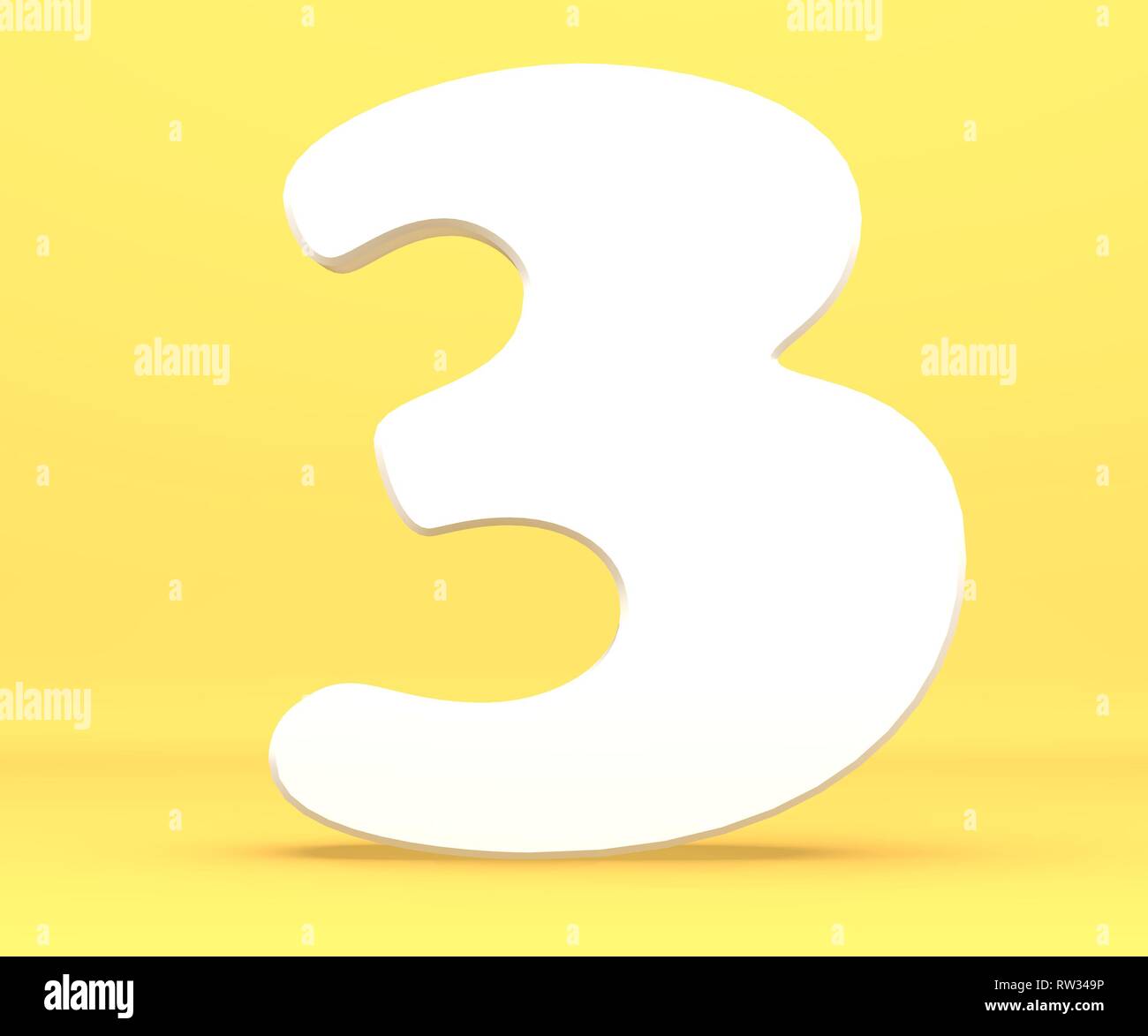 3D Rendering Illustration. Weißbuch stelle Alphabet Zeichen 3 drei Font. Vorderansicht 3 Symbol auf gelbem Hintergrund. Stockfoto