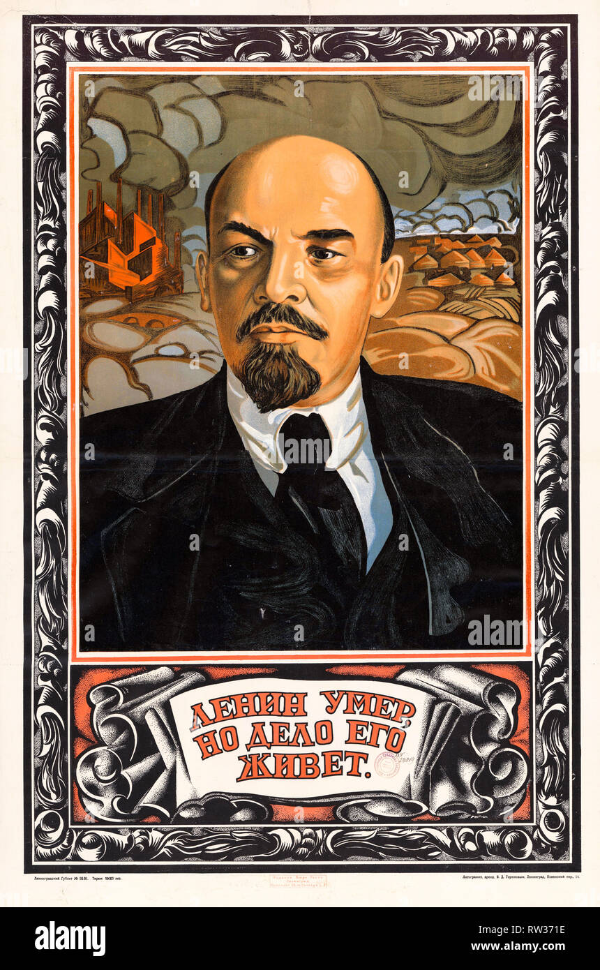 Wladimir Iljitsch Lenin portrait Poster, Lenin starb, aber sein Werk lebt, 1924, die sowjetische Propaganda Stockfoto