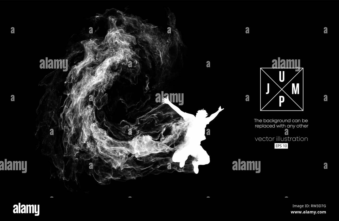 Abstrakte Silhouette einer springen Mann auf der dunklen, schwarzen Hintergrund von Partikeln, Staub, Rauch. Vector Illustration Stock Vektor