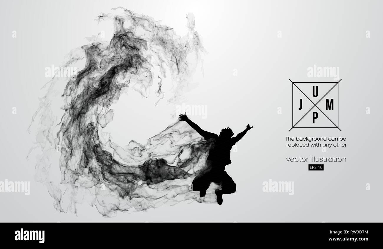 Abstrakte Silhouette einer springen Mann auf dem weißen Hintergrund von Partikeln, Staub, Rauch. Vector Illustration Stock Vektor