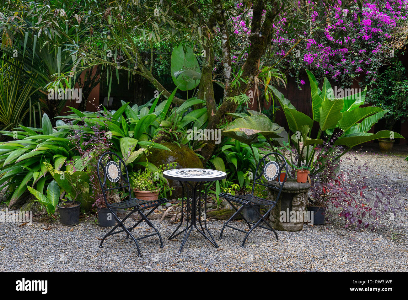 Tisch und Stühle im Regenwald Garten in Sarapiqui, Costa Rica, Mittelamerika Stockfoto