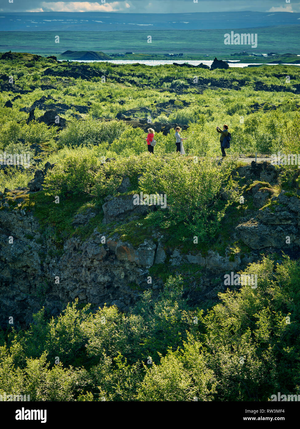 Dimmuborgir - Bereich der ungewöhnlich geformten Lavafelder, Höhle und vulkanische Felsformationen, östlich von Myvatn, Island. Stockfoto