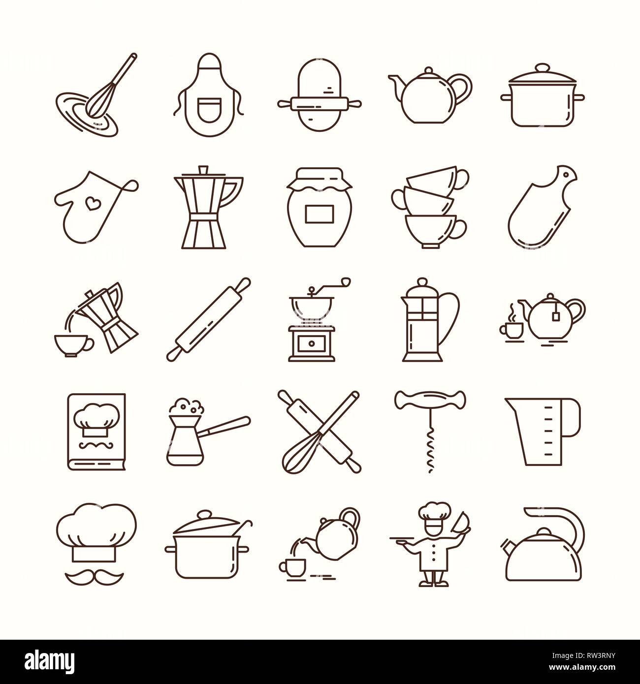 Satz von Clean line Symbole mit verschiedenen Küchengeräte und Kochen verwandte Objekte auf weißem Hintergrund. Stock Vektor