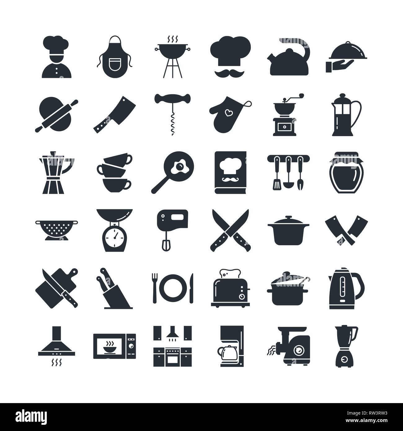 Satz sauber Symbole mit verschiedenen Küchengeräte und Kochen verwandte Objekte auf schwarzem Hintergrund isoliert. Stock Vektor