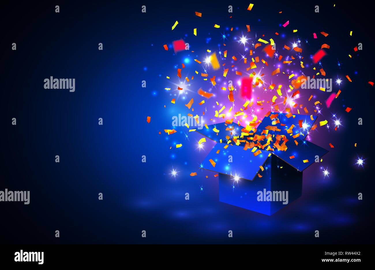 Vektor Gutscheine Mit Geoffneten Blauen Geschenkbox Und Konfetti Auf Blauem Hintergrund Kreative Weihnachtskarten Oder Banner Design Konzept Fur Gutscheine Invit Stock Vektorgrafik Alamy