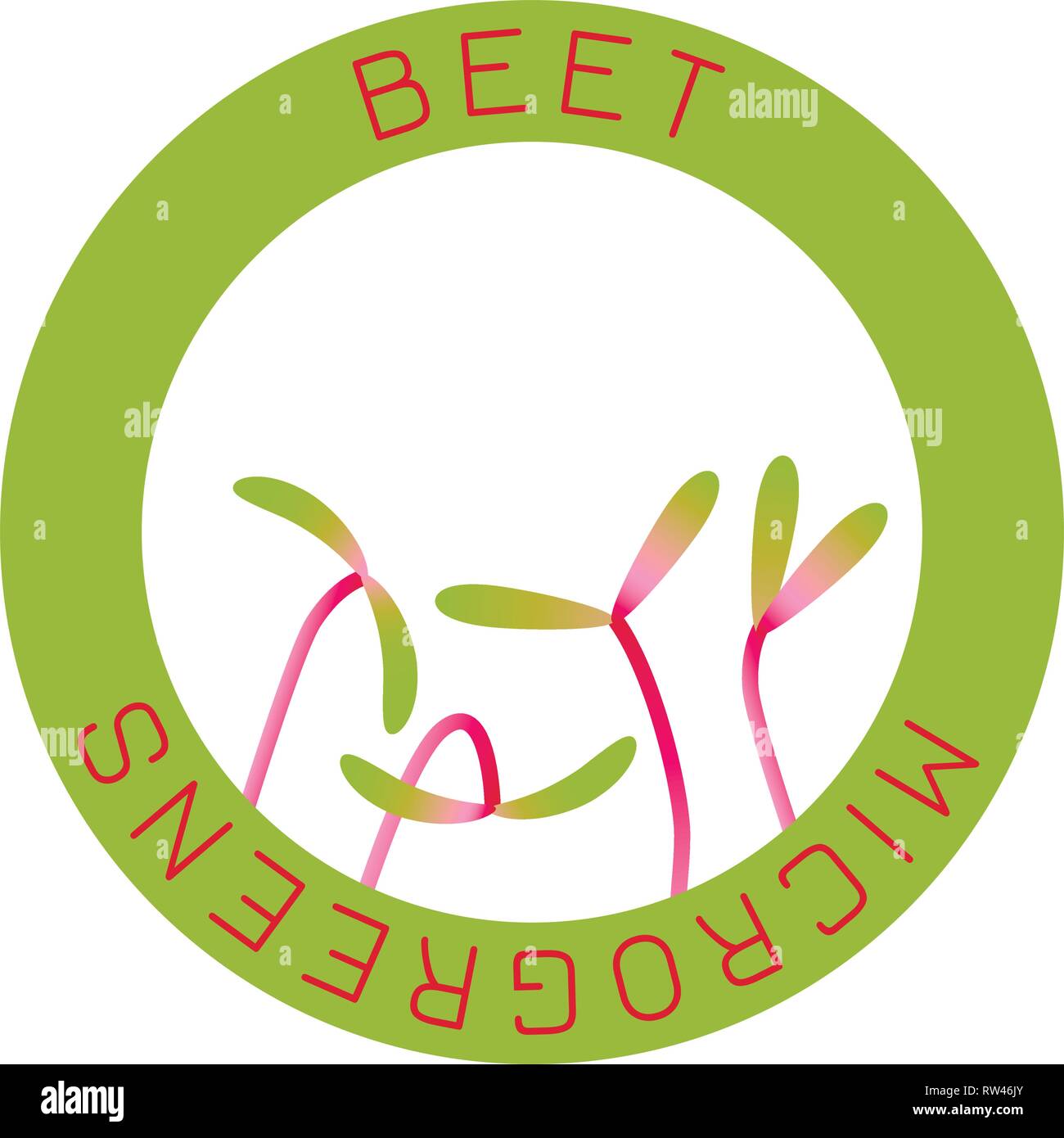 Microgreens Zuckerrüben. Saatgut Verpackungsdesign, rundes Element in der Mitte. Keime von Samen einer Pflanze. Vitamin Supplement, veganes Essen Stock Vektor