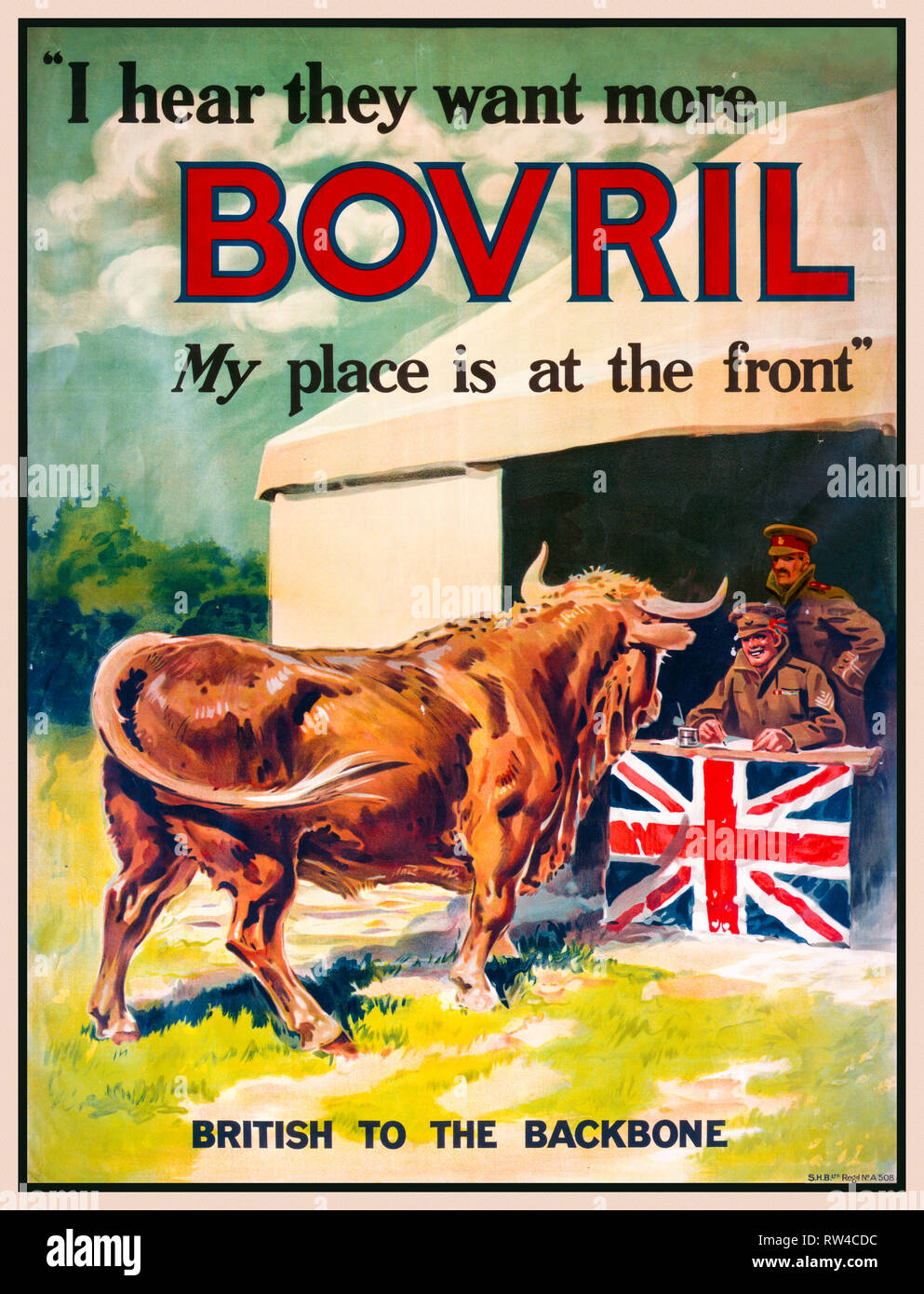 Britische Weltkrieg 1 Poster, ich höre Sie wollen mehr Bovril. Mein Platz ist an der Vorderseite, 1915, UK Stockfoto