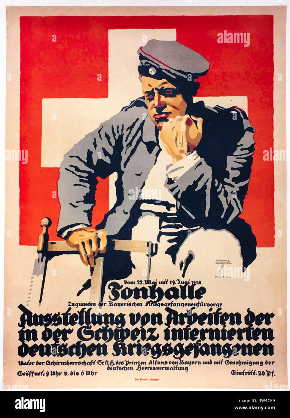 Deutschen Weltkrieg 1 Poster, eine Ausstellung zu nutzen WW1 deutscher Kriegsgefangener, 1918 von Ludwig Hohlwein Stockfoto