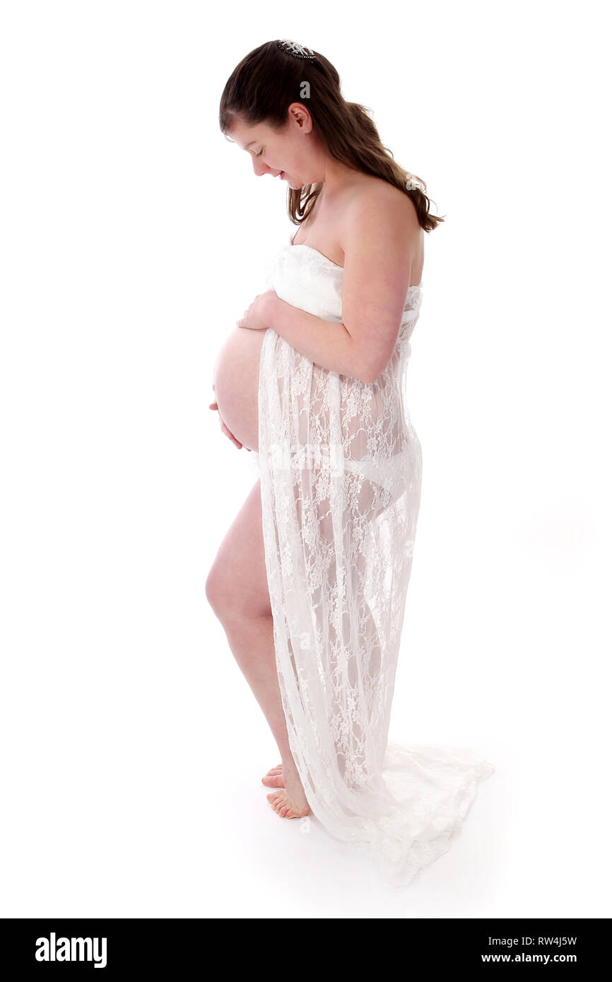 Schwangere Frau berühren Babybauch Stockfoto