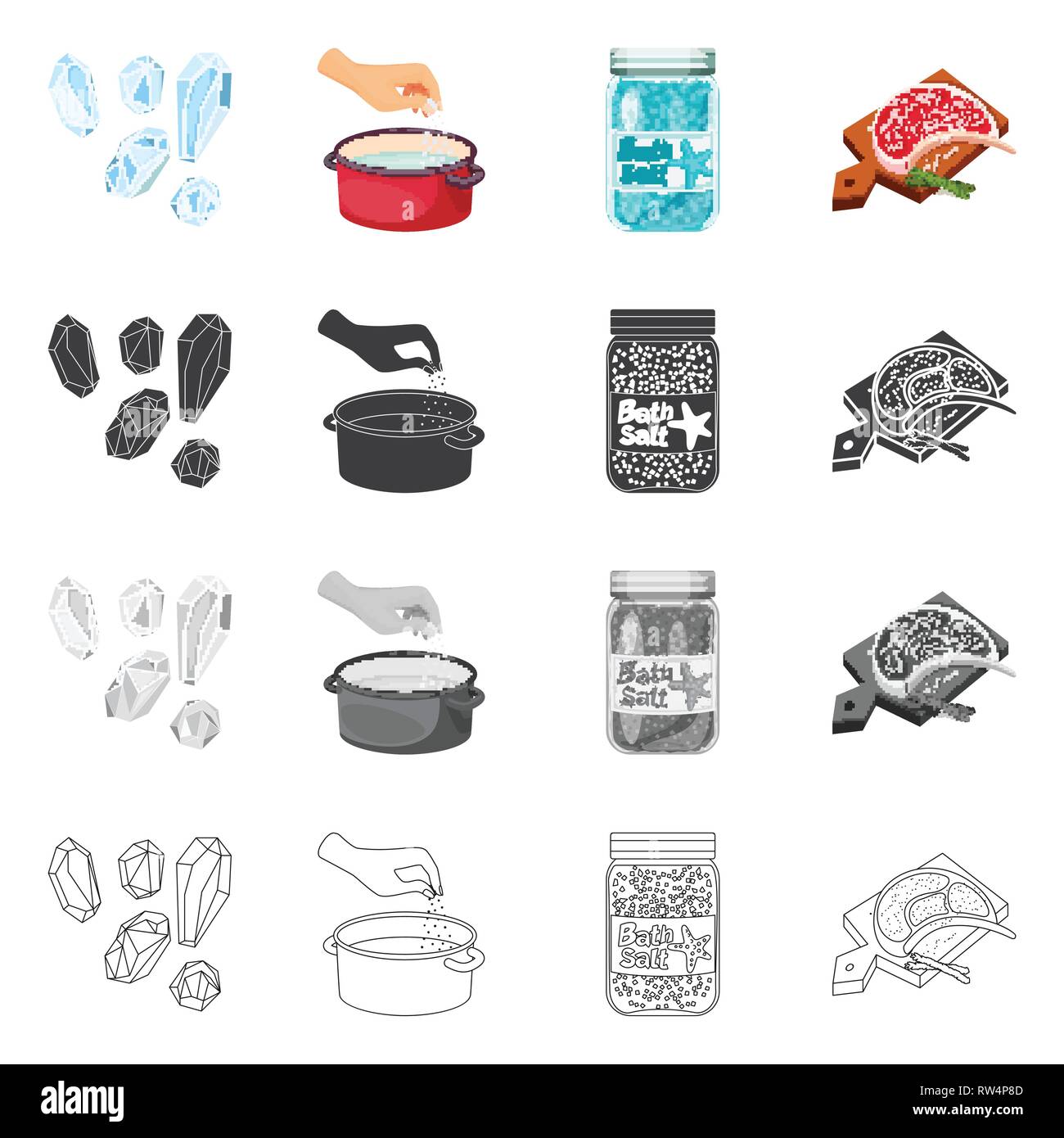 Granulat, Auflauf, Flasche, Fleisch, Salz, Wasser, Brett-, Würfel, Badewanne, Körner, arm, Spa, Restaurant, Gewürze, Vintage, Streuen, Pulver, weiß, Mehl, sauber, Container, Picknick, kochen, Meer, Natur, Backen, Salz, Nahrungsmittel-, Natrium-, Mineral, Raw, Küche, Set, Vector, Icon, Illustration, isoliert, Sammlung, Design, Element, Grafik, Zeichen, Vektor, Vektoren, Stock Vektor