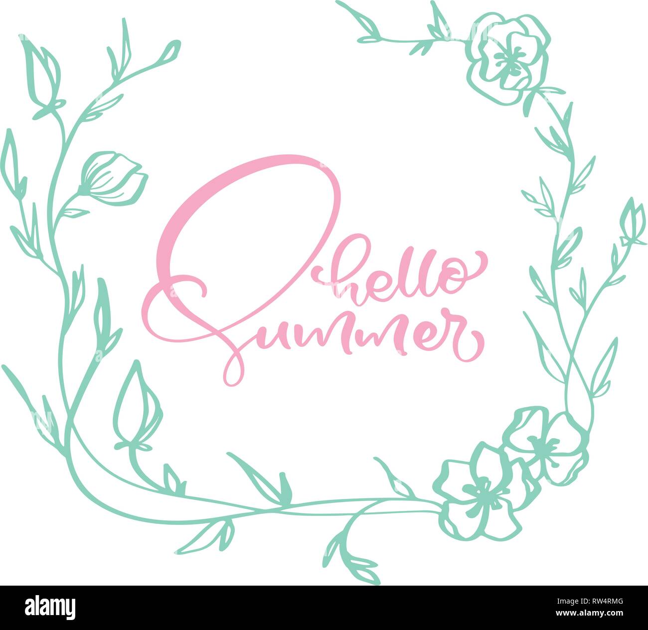 Rahmen Blumen skandinavische Kalligraphie schrift Zusammensetzung text Hallo Sommer. Vektor Hand gezeichnet isolierten Rahmen. Abbildung Skizze doodle Design für Stock Vektor