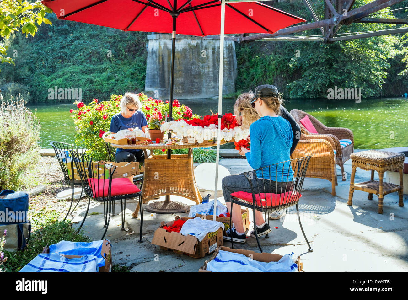 Die Leute machen Blumenornamenten für die jährliche Capitola Begonia Festival in Capitola, Kalifornien, USA. Stockfoto