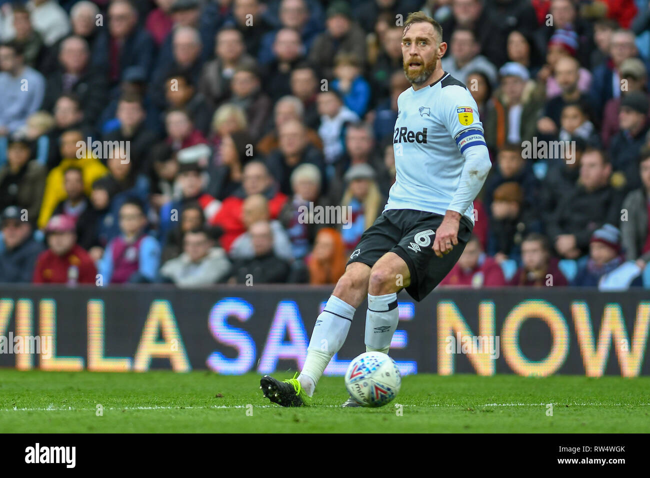 2. März 2019, Villa Park, Birmingham, England; Sky Bet Meisterschaft, Aston Villa vs Derby County: Richard Keogh (06) Kapitän von Derby County Credit: Gareth Dalley/News Bilder der Englischen Football League Bilder unterliegen DataCo Lizenz Stockfoto