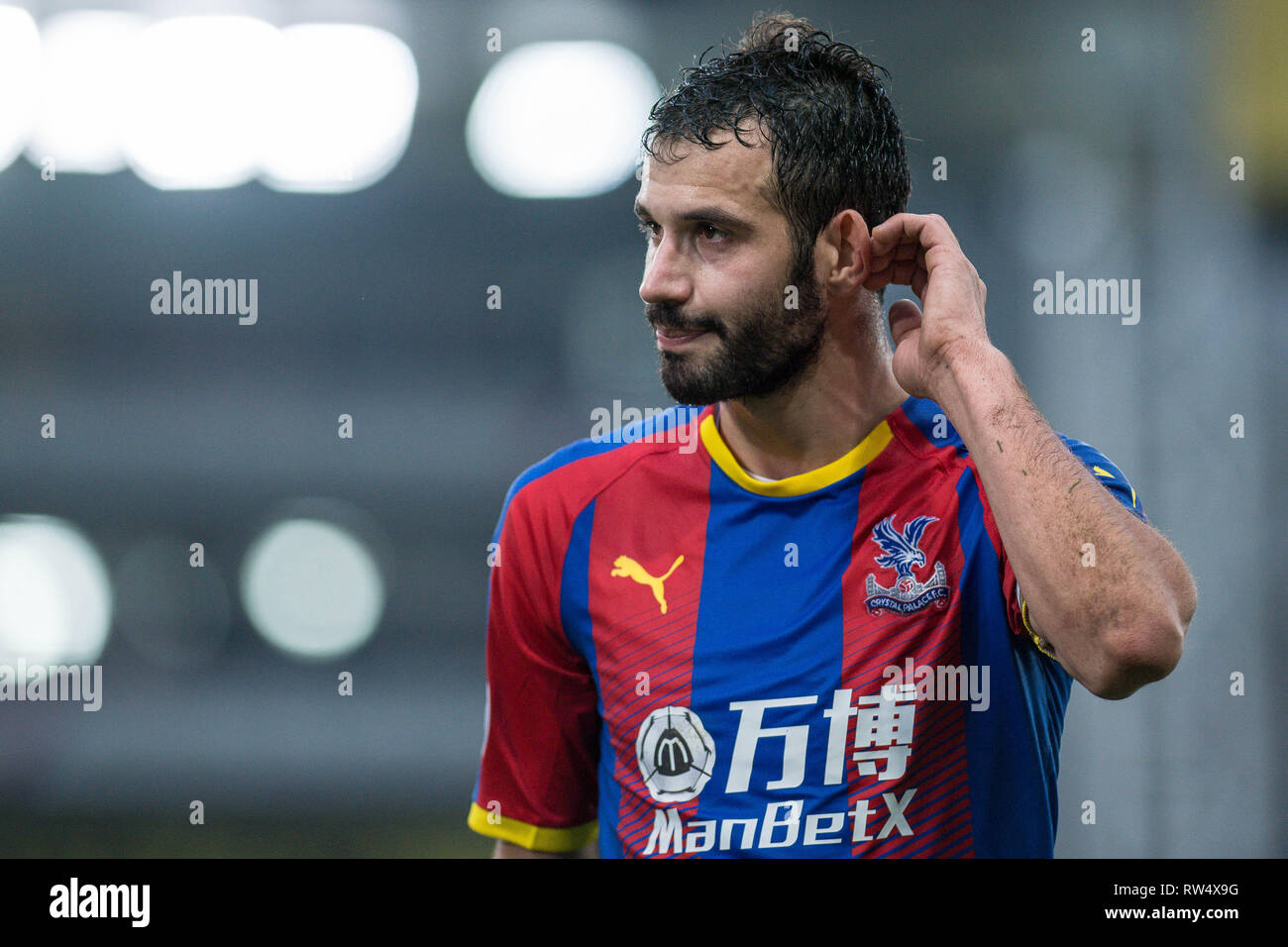 LONDON, ENGLAND - Dezember 30: Luka Milivojevic zählte von Crystal Palace Reaktion während der Premier League Match zwischen Crystal Palace und Chelsea FC am Selhurst Park am 30 Dezember, 2018 in London, Vereinigtes Königreich. (Foto von MB Media) Stockfoto