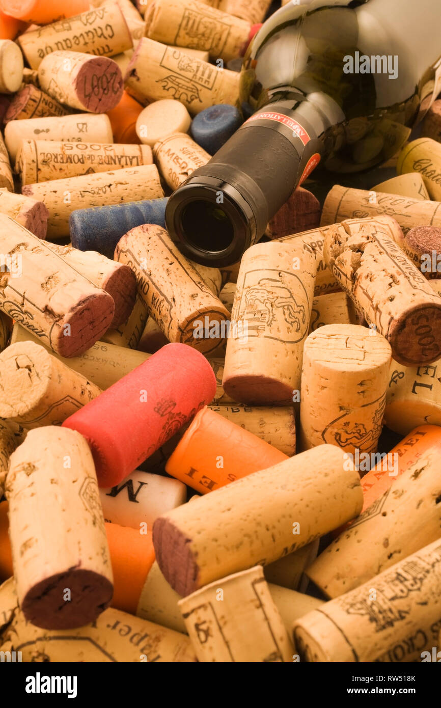 Sortierte Wein Flasche Korken und leere Flasche Rotwein Stockfoto