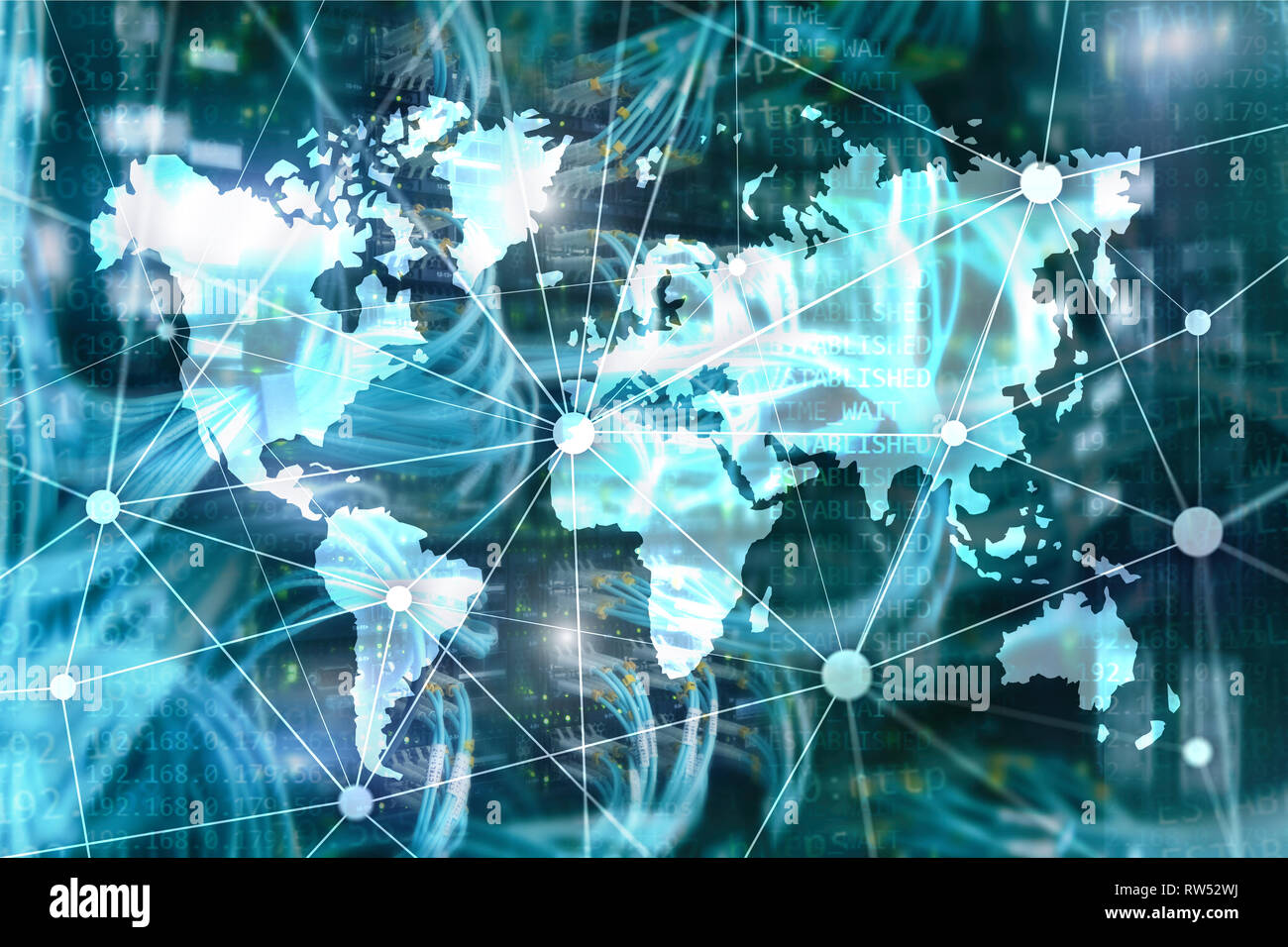 Weltkarte mit Kommunikation Netzwerk auf dem server Raumhintergrund Stockfoto