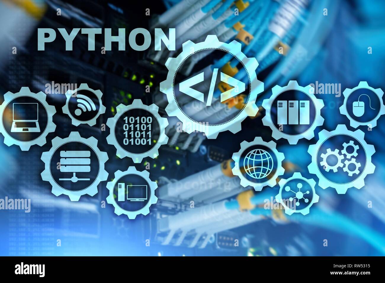 Programmiersprache Python auf server Zimmer Hintergrund. Programmierung Workflow abstrakter Algorithmus Konzept auf virtuellen Bildschirm Stockfoto